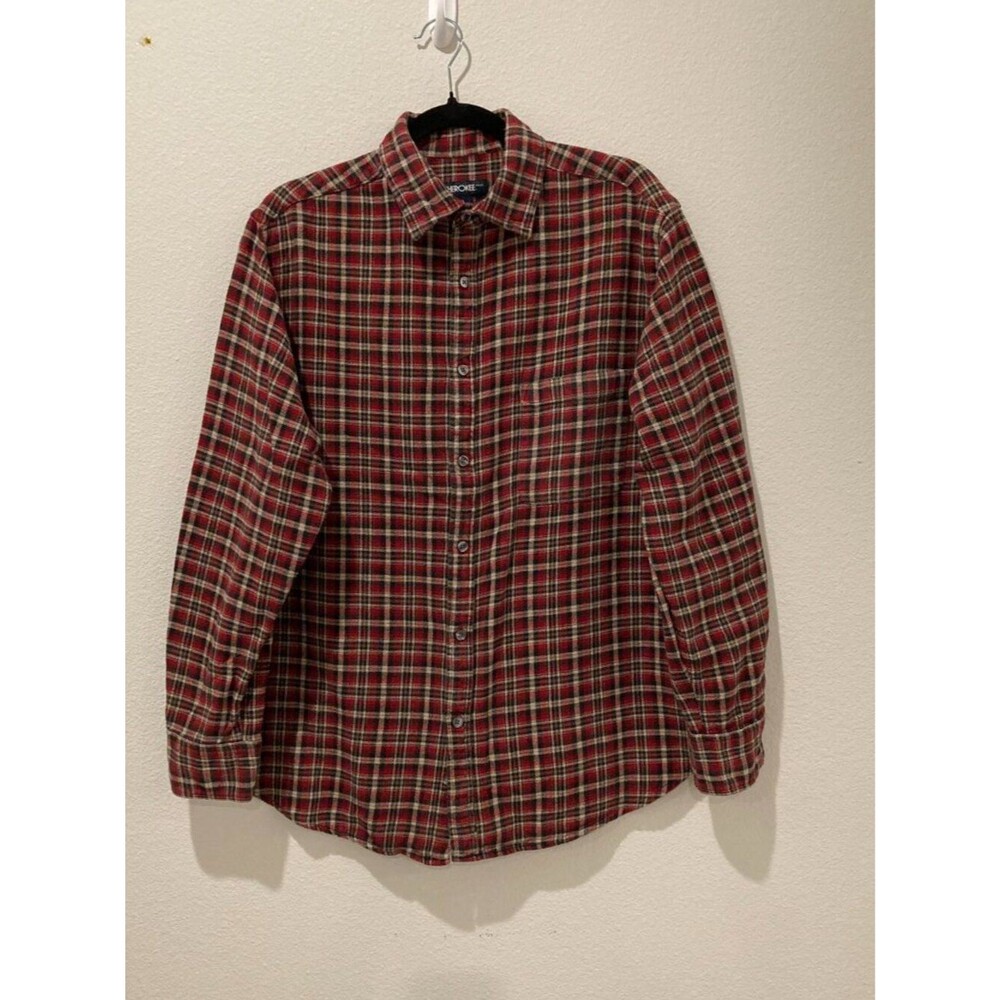Cherokee Red Black White Plaid Flannel Button Down Shirt L